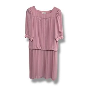 Vintage 80s In The Mood Puff Sleeve Drop Waist Midi Dress Pink Size 8 - 19 x 42